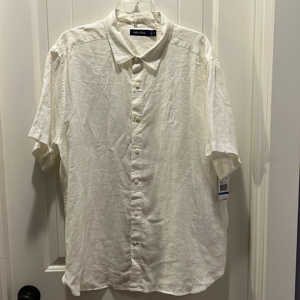 NWT Men’s Nautica Short Sleeve White Linen Button Down Shirt XL